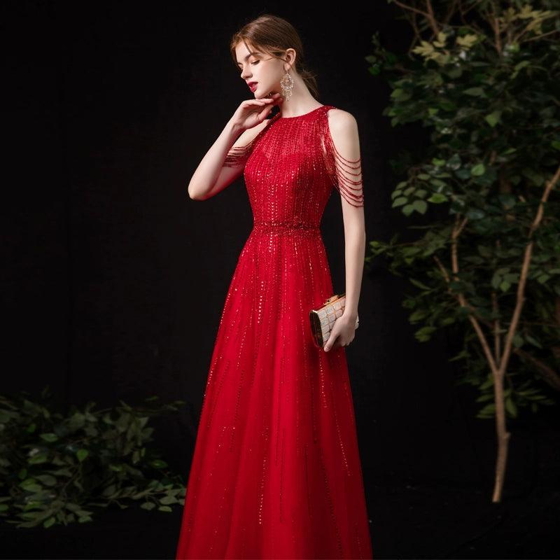 Vestido de noche de corte A para mujer, vestido sexy de graduación, vestido formal con cuentas, sin mangas para mujer 