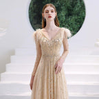 Women's A-Line Evening Dress Sexy Prom Dresses Sleeveless Beaded V-Neck Formal Dresses