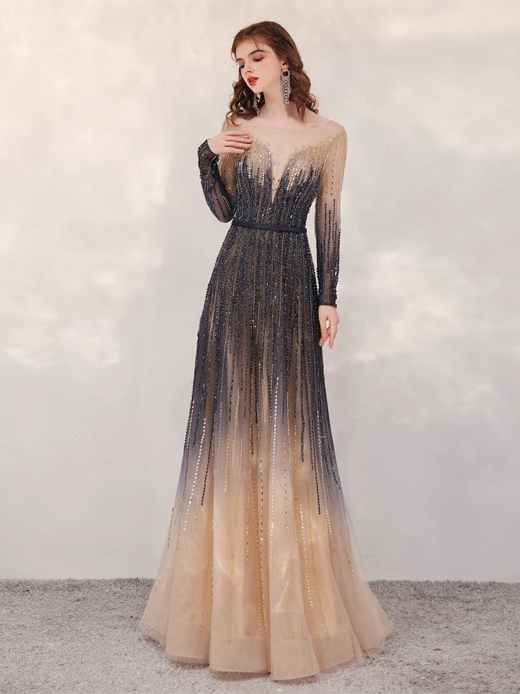 Vestidos de fiesta de corte A, sexys, de manga larga, de noche, con cuentas, formales, para mujer 