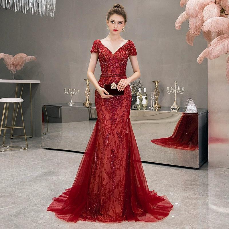 Women's Mermaid Evening Dress Long V-Neck Prom Dresses Beaded Formal Dresses