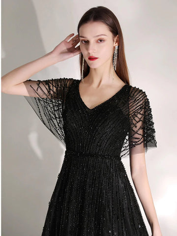 Robe de soirée trapèze sexy pour femme, robe de bal perlée à col en V, robe de soirée élégante pour femme 