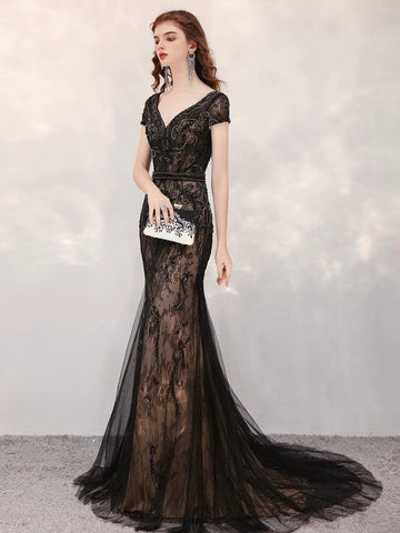 Vestido de noche de sirena para mujer, vestido largo de fiesta con escote en V y vestido formal con cuentas 