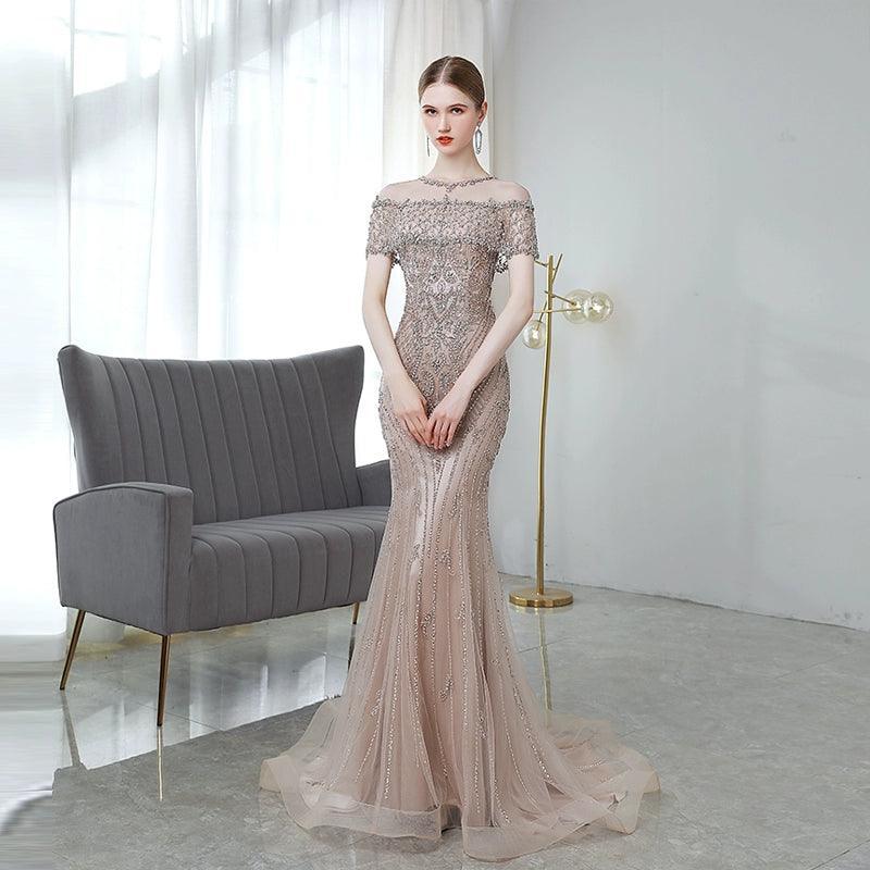 Robe de soirée longue sirène pour femme, robe de bal perlée 