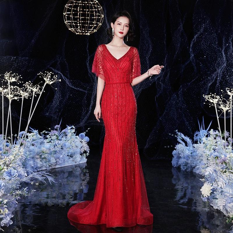 Women's V-Neck Evening Dress Sexy Prom Dresses Beaded Formal Dresses for Women