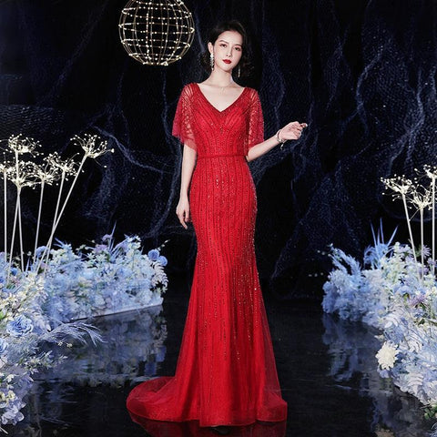 Women's V-Neck Evening Dress Sexy Prom Dresses Beaded Formal Dresses for Women
