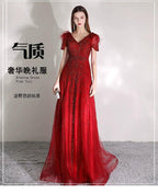 Women's A-Line Prom Dresses Long Evening Dress Beaded V-Neck Formal Dresses for Women