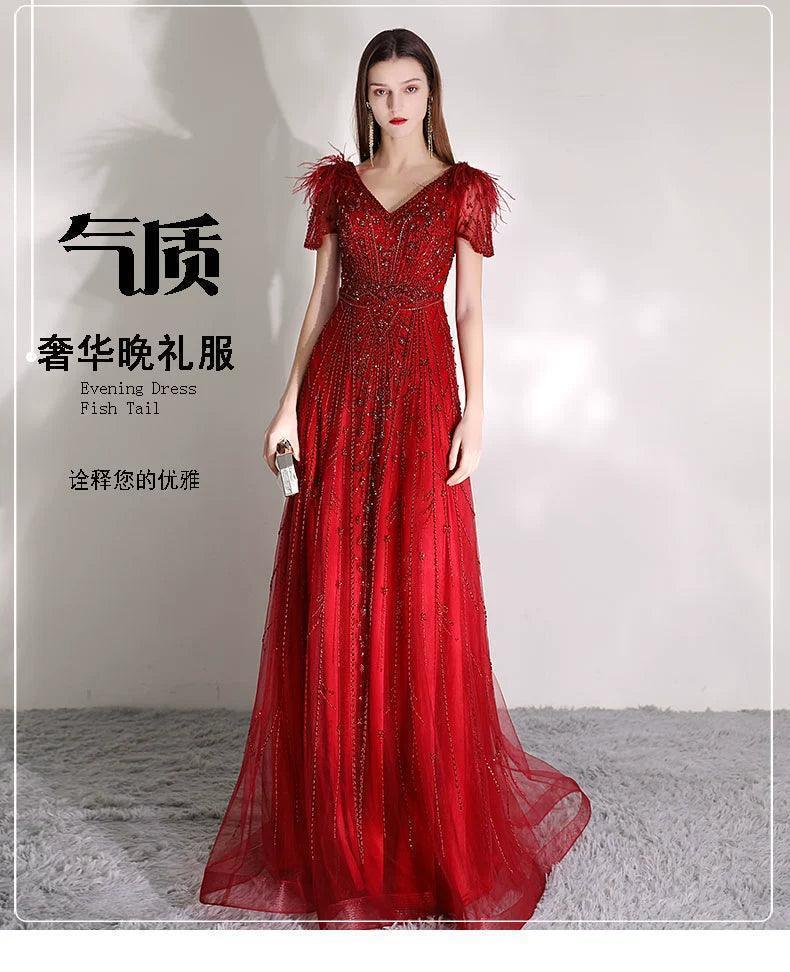 Women's A-Line Prom Dresses Long Evening Dress Beaded V-Neck Formal Dresses for Women