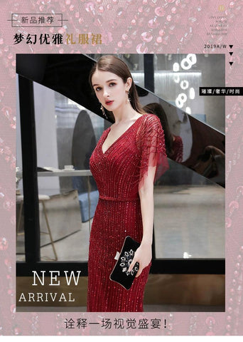 Robe de soirée sirène sexy pour femme, longue, col en V, robe de soirée perlée 