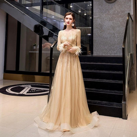 Women's Long Sleeve Prom Dresses Sexy A-Line Evening Dress Beaded Formal Dress for Women