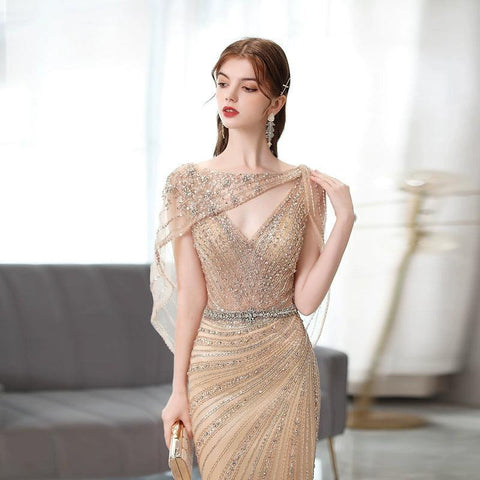 Robe de soirée sirène sexy pour femme, robe de bal perlée, robe longue de soirée 