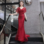 Vestido de noche de sirena para mujer, vestido largo de fiesta con escote en V y cuentas, estilo formal, sexy y largo, para mujer. 