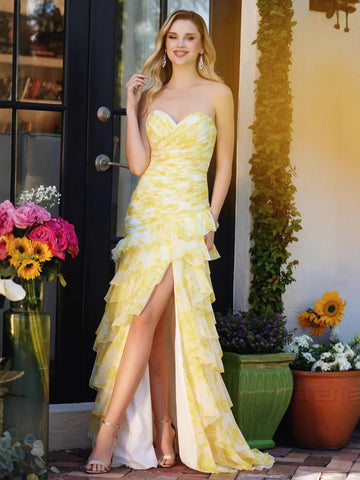 Precioso vestido de noche de gasa sin tirantes con estampado floral y capas, con abertura, estilo vestido de fiesta Y7881