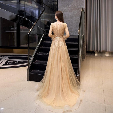 Women's Long Sleeve Prom Dresses Sexy A-Line Evening Dress Beaded Formal Dress for Women