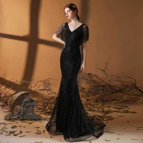 Women's V-Neck Evening Dress Sexy Prom Dresses Beaded Formal Dresses for Women