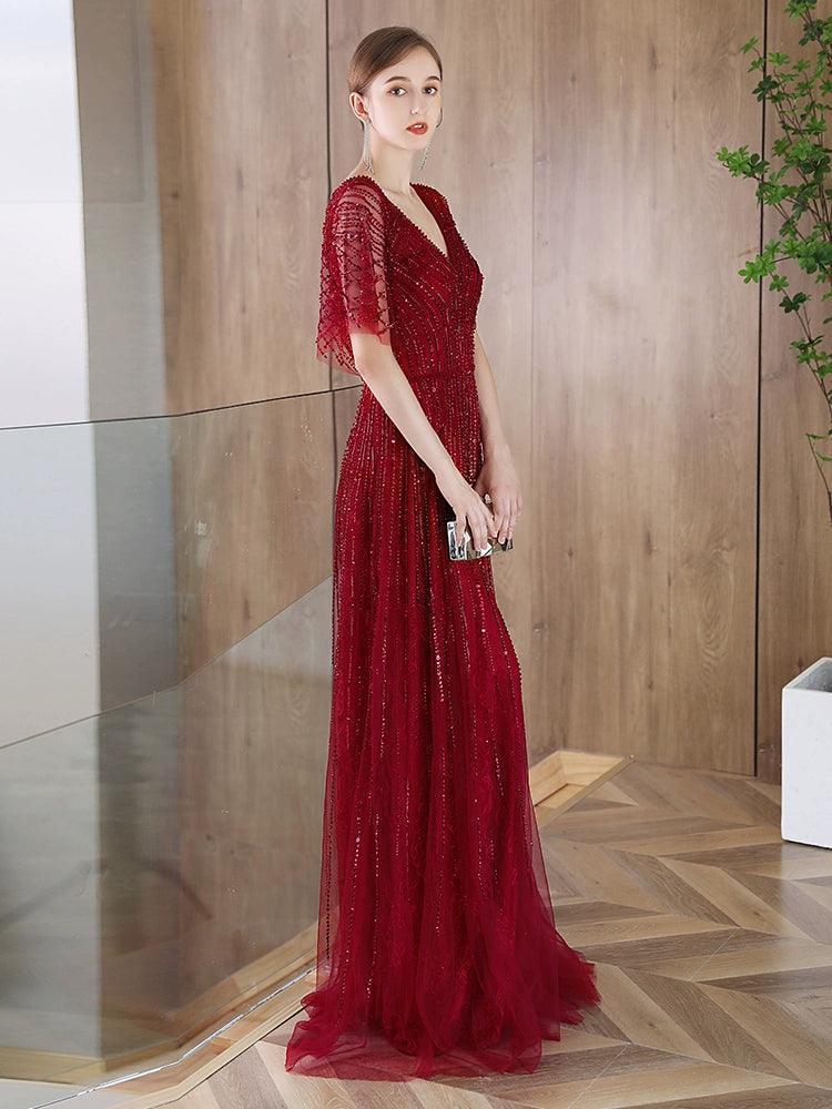 Vestido de noche de corte A para mujer, vestido de fiesta sexy con escote en V, vestido formal con cuentas para mujer 