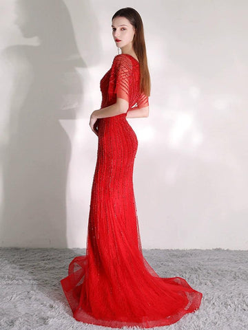 Robe de soirée sirène longue et sexy pour femme, tenue de bal avec perles et col en V 