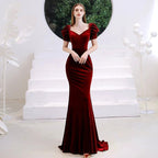 Vestido de noche de sirena para mujer, con escote en V, adornado con cuentas, vestido largo y sexy para graduación. 