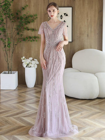 Vestido de noche de sirena para mujer, vestido de fiesta sexy con escote en V, vestido largo formal con cuentas 