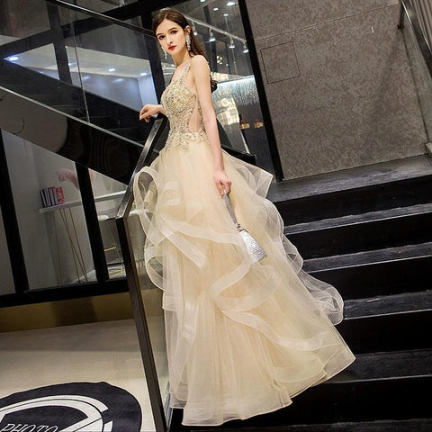 Vestido de noche de gala para mujer, vestido largo formal sin mangas con cuentas, vestido de novia 