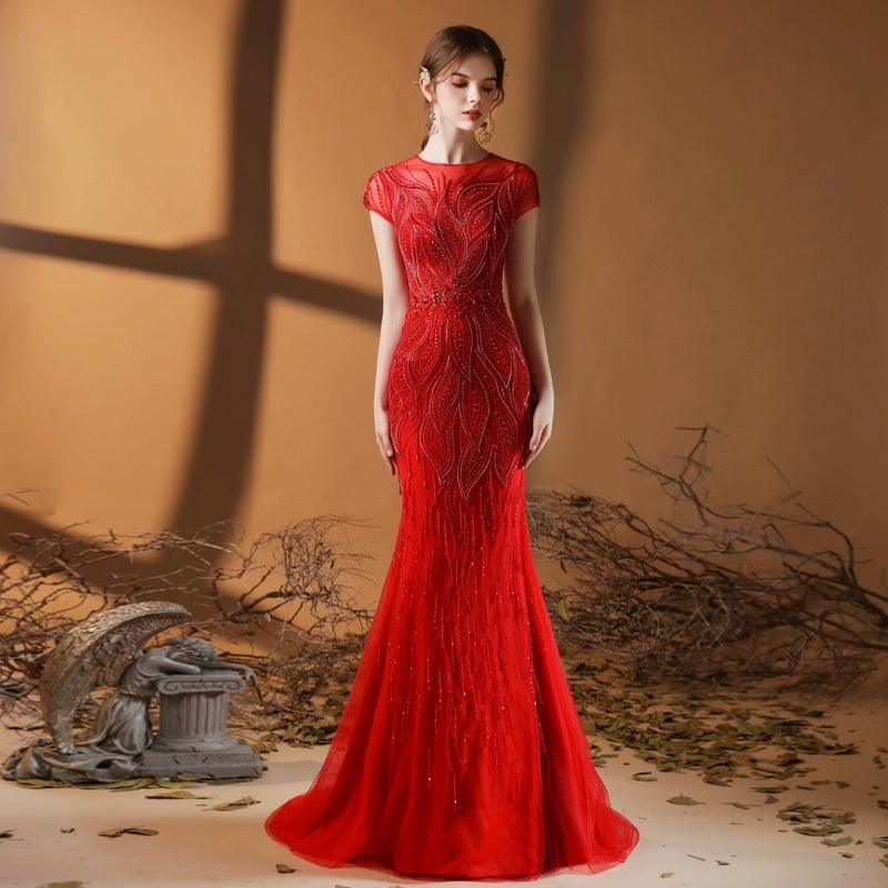Robe de soirée sirène longue et sexy pour femme, sans manches, avec perles 