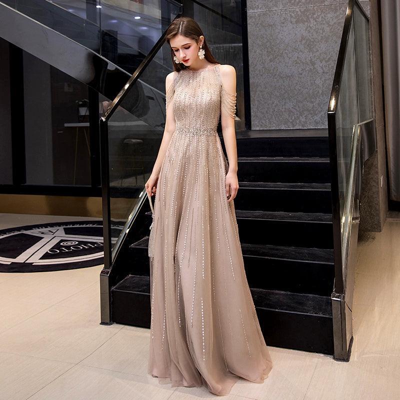 Vestidos de fiesta de corte A para mujer, sin mangas, sexys, de noche, con cuentas, para mujer 
