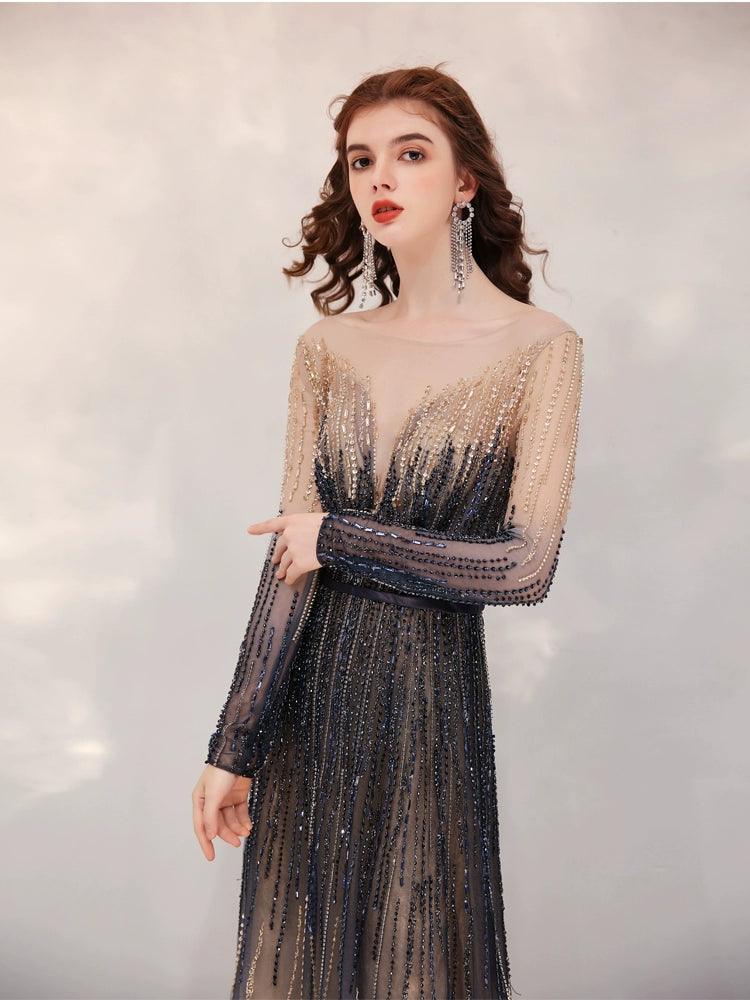 Vestidos de fiesta de corte A, sexys, de manga larga, de noche, con cuentas, formales, para mujer 