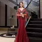 Women's Mermaid Evening Dress V-Neck Prom Dresses Beaded Formal Dresses for Women