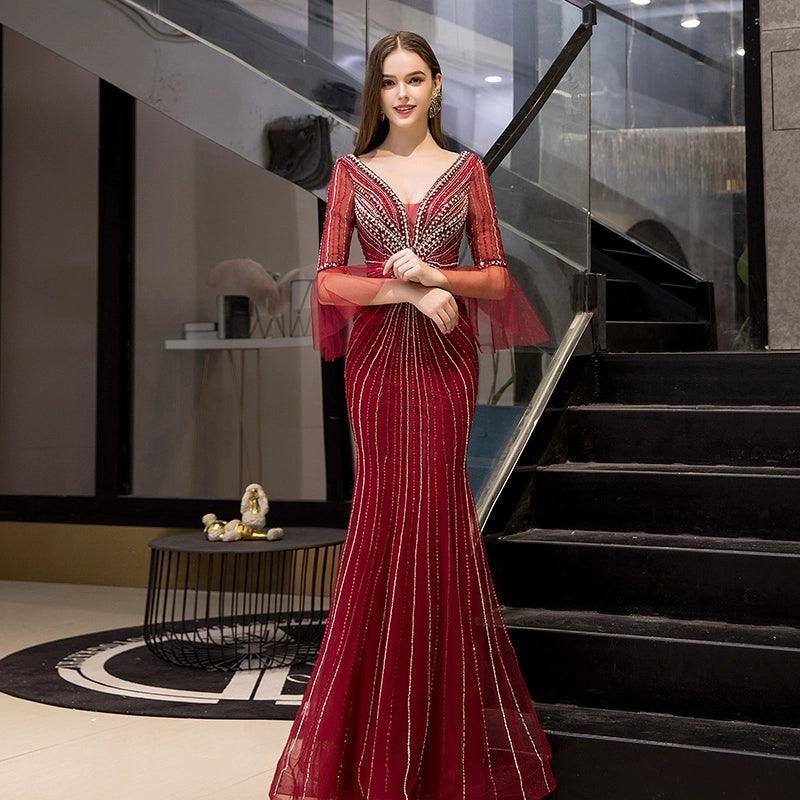 Women's Mermaid Evening Dress V-Neck Prom Dresses Beaded Formal Dresses for Women
