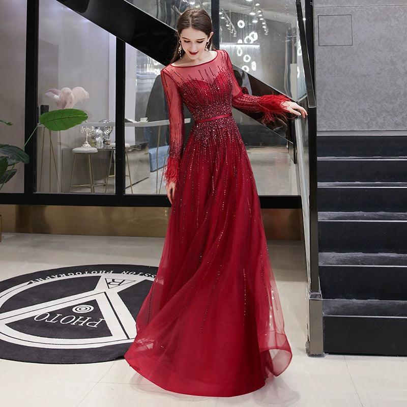 Women's A-Line Evening Dress Sexy Prom Dresses Long Sleeve Beaded V-Neck Formal Dresses