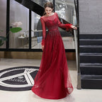Women's A-Line Evening Dress Sexy Prom Dresses Long Sleeve Beaded V-Neck Formal Dresses