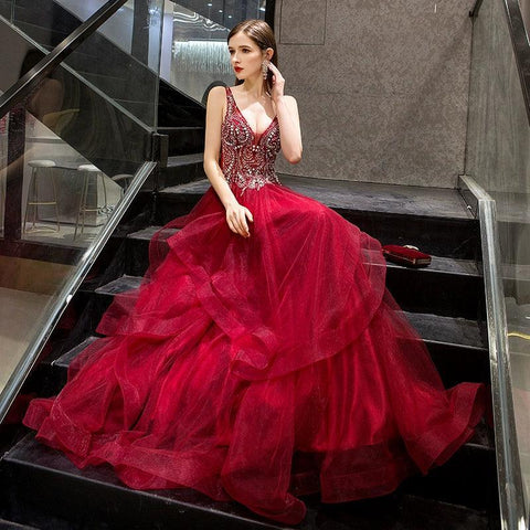 Robe de soirée trapèze sexy à col en V pour femme, tenue de bal ornée de perles 