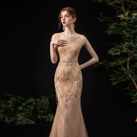 Robe de soirée sirène pour femme, robe de soirée longue et sexy, ornée de perles 