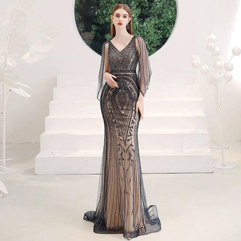 Robe de soirée sirène longue pour femme, robe de bal perlée à col en V 
