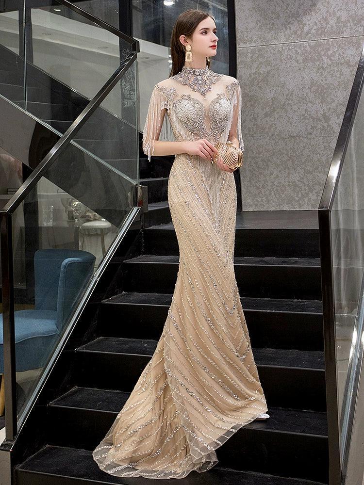 Robe de soirée sexy pour femme 2024, style sirène, sans manches, longue robe de soirée perlée 