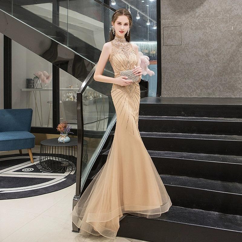 Women's Mermaid Evening Dress Beaded Sexy Prom Dresses Sleeveless Long Formal Dresses