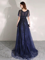 Women's A-Line Evening Dress Beaded Prom Dresses Long V-Neck Formal Dresses for Women