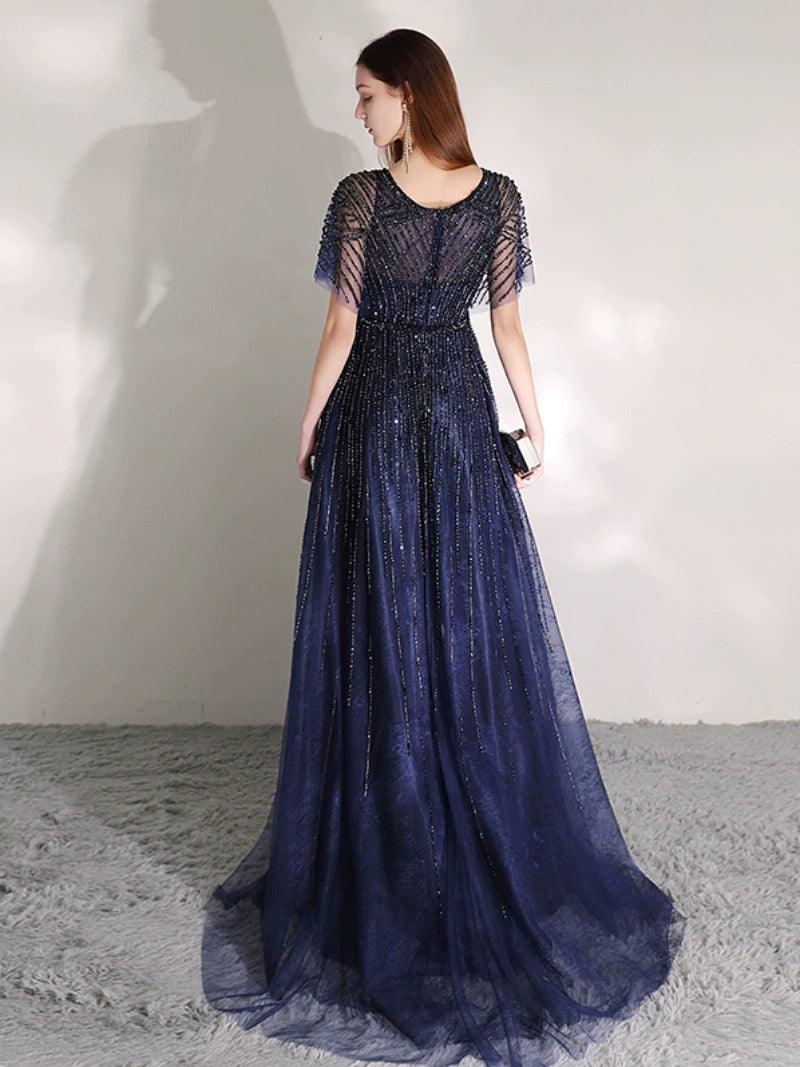 Women's A-Line Evening Dress Beaded Prom Dresses Long V-Neck Formal Dresses for Women