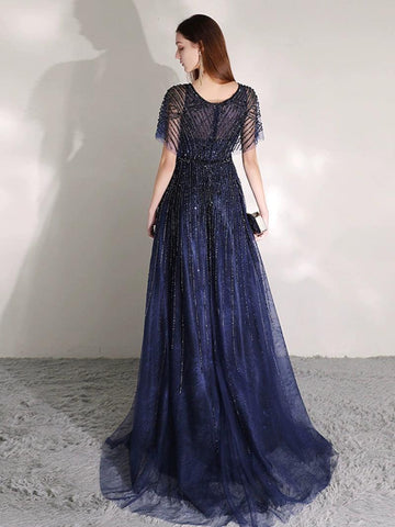 Robe de soirée trapèze pour femme, robe de bal perlée, longue, col en V, robe formelle pour femme 