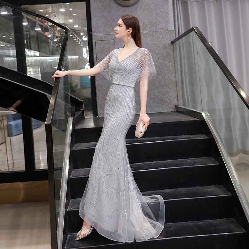 Women's V-Neck Evening Dress Sexy Prom Dresses Beaded Formal Dresses for Women