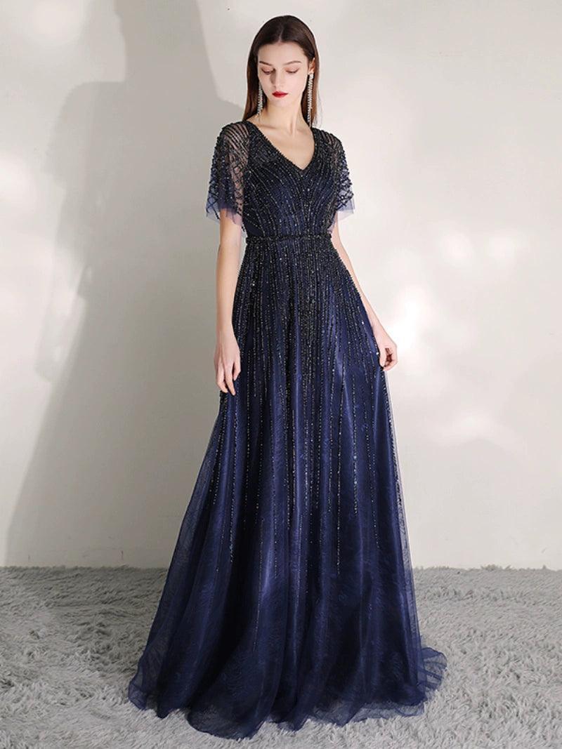 Women's A-Line Evening Dress Beaded Prom Dresses Long V-Neck Formal Dresses for Women