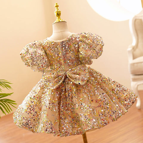 Vestido de fiesta de cumpleaños para bebé niña, de tul y lentejuelas color oro champán 