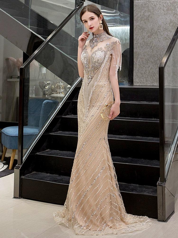 Robe de soirée sexy pour femme 2024, style sirène, sans manches, longue robe de soirée perlée 