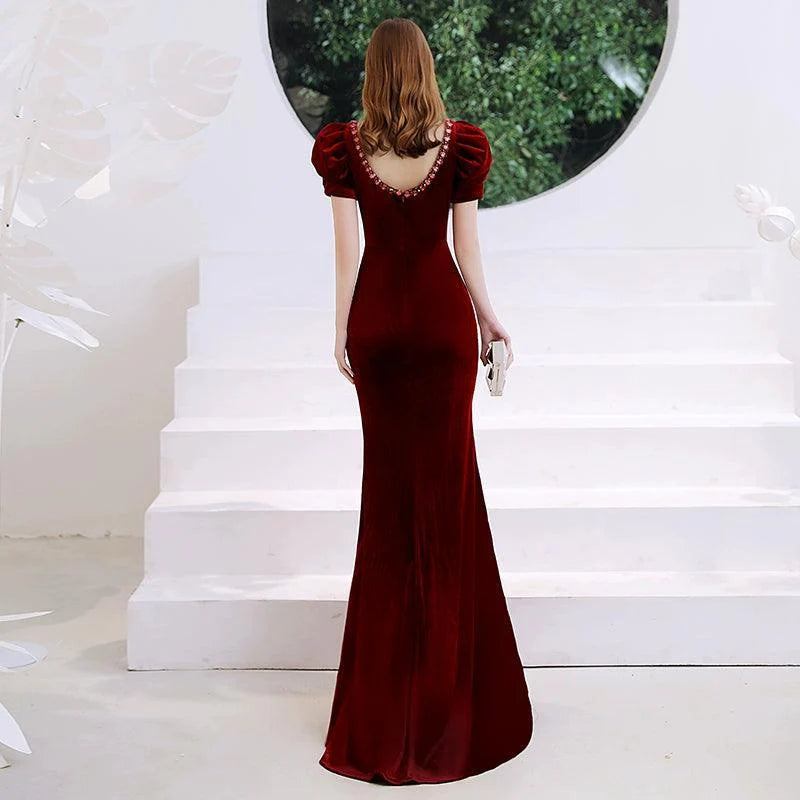 Vestido de noche de sirena para mujer, con escote en V, adornado con cuentas, vestido largo y sexy para graduación. 