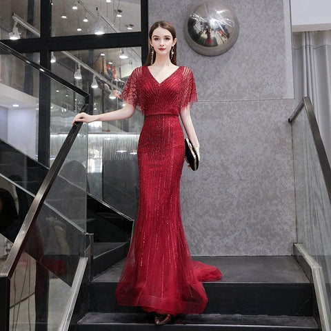 Women's V-Neck Evening Dress Sexy Prom Dresses Beaded Formal Dresses for Women