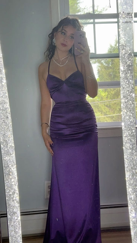 Precioso vestido largo de noche de satén morado, corte sirena, modelo Y7920