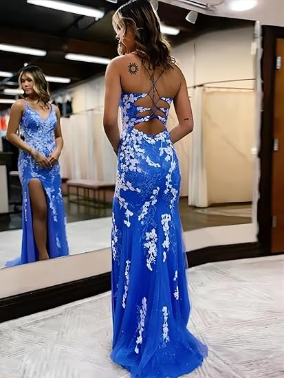 Vestidos largos de fiesta de sirena con escote en V, espalda descubierta y encaje morado, con abertura alta, estilo sirena, vestidos de noche formales de graduación morados Y344