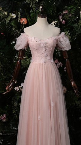 Robe de bal rose élégante à épaules dénudées, robe de soirée rose Y1898