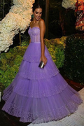 Vestido de noche de corte A, color lila claro brillante, ideal para invitadas de boda (Y4702)
