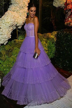 Vestido de noche de corte A, color lila claro brillante, ideal para invitadas de boda (Y4702)