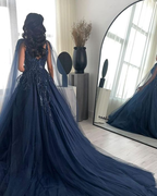 Vestido de gala de lujo azul marino con purpurina, escote cuadrado, tul y mangas largas Y4883